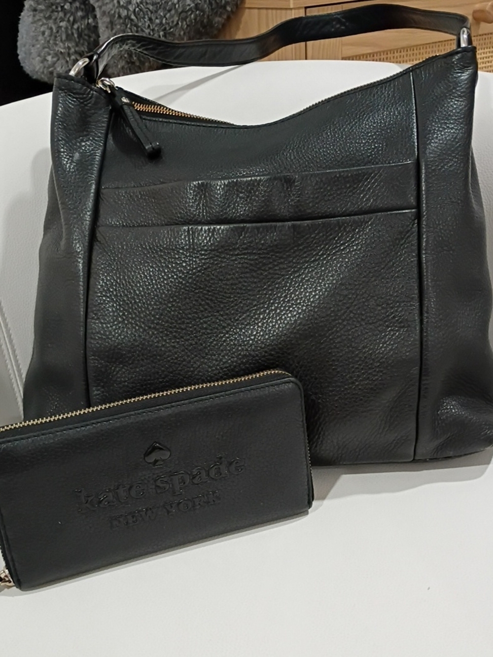 Kate Spade Black Soft Pebbled Leather Shoulder Bag with Matching Wallet